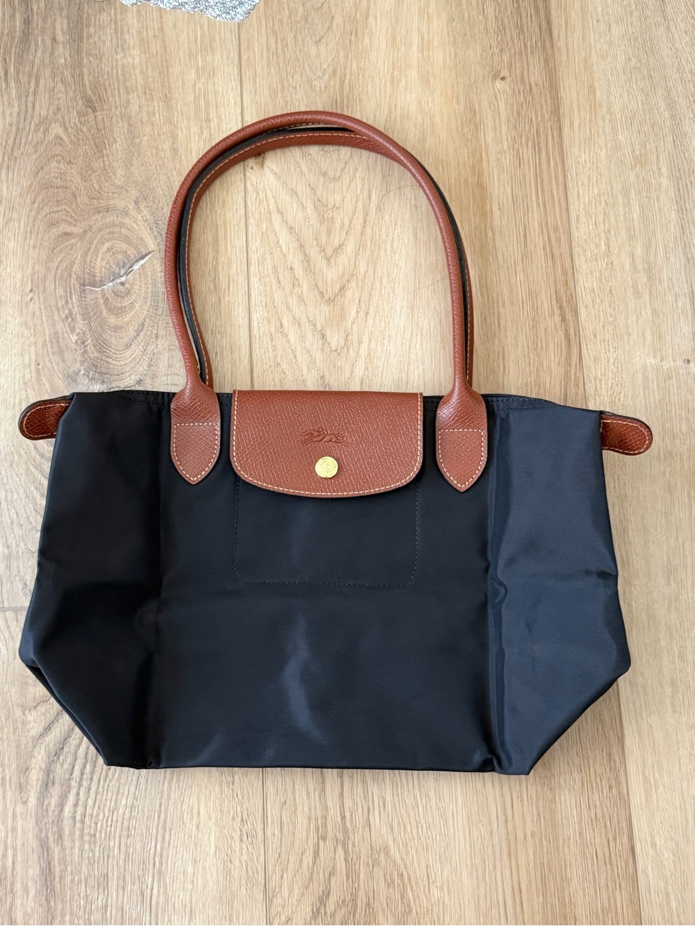 Longchamp S Black Nylon Tote with Brown Leather Handles